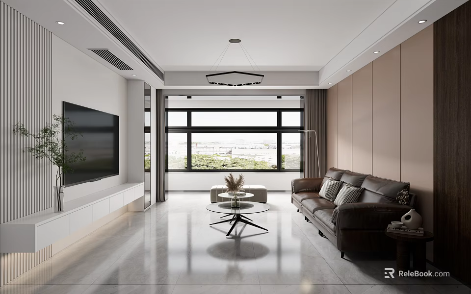 Modern Living Dining Room Interior With Brown Sofa Black TV And Round Coffee Table 3d model 