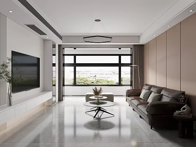Modern Living Dining Room Interior With Brown Sofa Black TV And Round Coffee Table 3d model