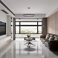 Modern Living Dining Room Interior With Brown Sofa Black TV And Round Coffee Table