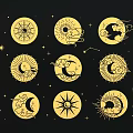 Yellow Sun Moon Stars Patterned Wall Decor On Black Background 3d model