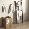 Wooden Bathroom Rack with Hanging White Towels and Wicker Laundry Basket in Modern Bathroom