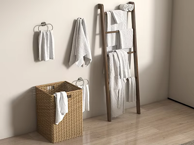 Wooden Bathroom Rack with Hanging White Towels and Wicker Laundry Basket in Modern Bathroom 3d model