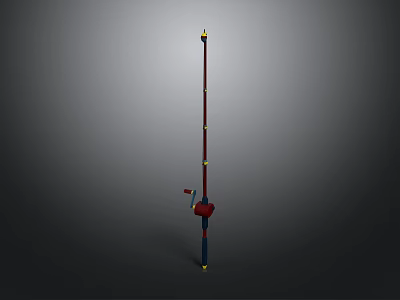 Long Red And Blue Fishing Rod With Yellow Decorative Accents 3d model