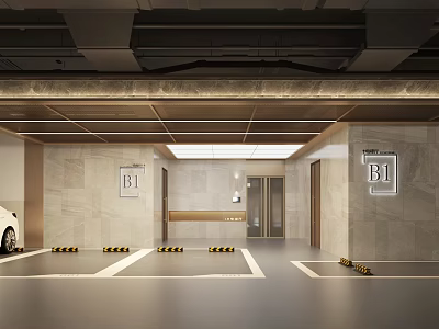 Modern B1 Level Parking Garage With White Car Parking Lines Stone Walls And Elevator Entrance 3d model