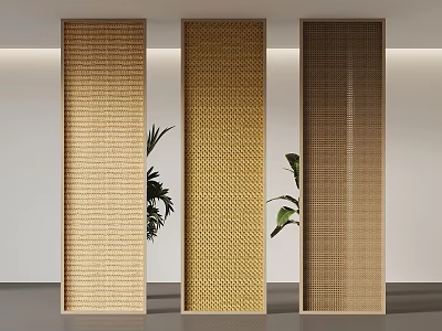 Three Woven Room Divider Screens With Varied Textures And Green Plants 3d model