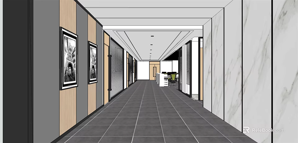 Public Office Area Corridor With Modern Design Dark Tiled Floor Wooden And Marble Walls 3d model 