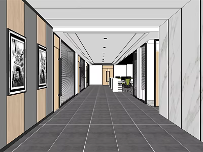 Public Office Area Corridor With Modern Design Dark Tiled Floor Wooden And Marble Walls 3d model