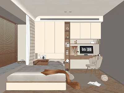 Tatami Bedroom Interior Design With Platform Bed Writing Desk And Storage Cabinets 3d model