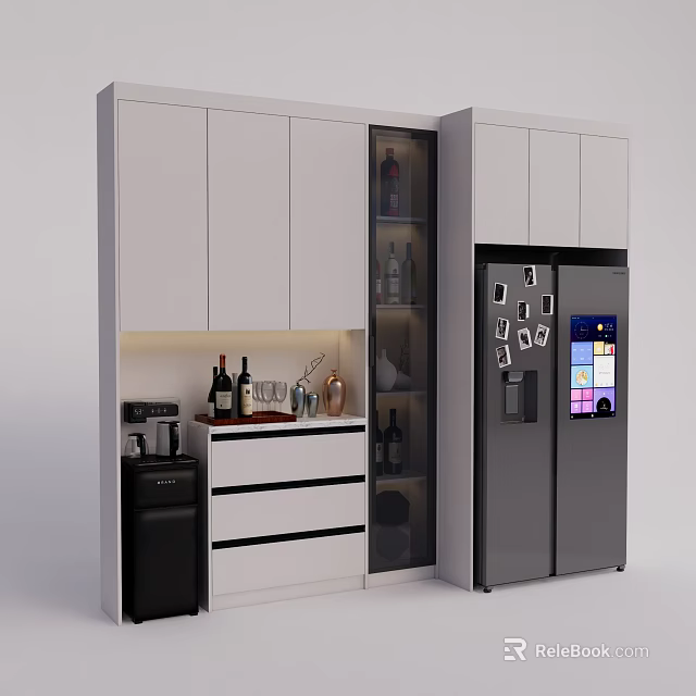 Modern White Sideboard With Glass Door Display Wine Bottles Coffee Machine And Refrigerator 3d model 