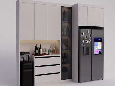 Modern White Sideboard With Glass Door Display Wine Bottles Coffee Machine And Refrigerator 3d model