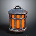 Vintage Metal Lantern With Rustic Grilled Design And Illuminated Orange Glow