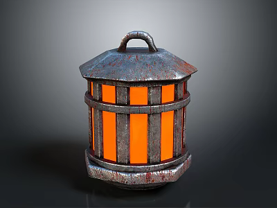 Vintage Metal Lantern With Rustic Grilled Design And Illuminated Orange Glow 3d model