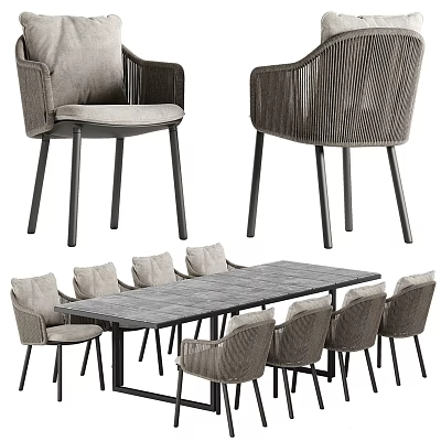 Modern Dining Table Set With Six Grey Fabric Chairs And Metal Legs Design 3d model