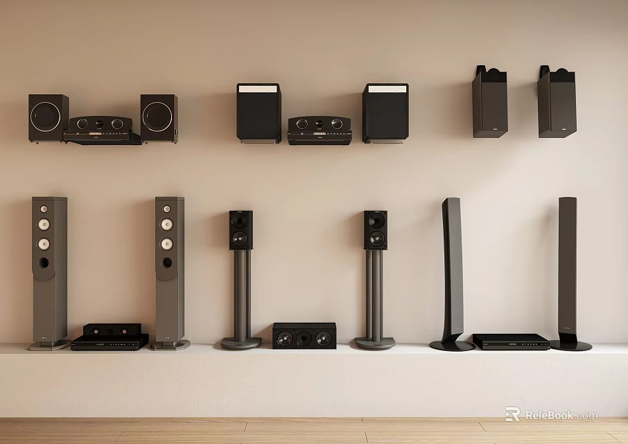 Different Styles of Black Headphones and Speakers Neatly Arranged on Light Colored Wall and Shelves 3d model 