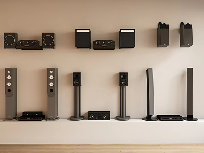 Different Styles of Black Headphones and Speakers Neatly Arranged on Light Colored Wall and Shelves 3d model