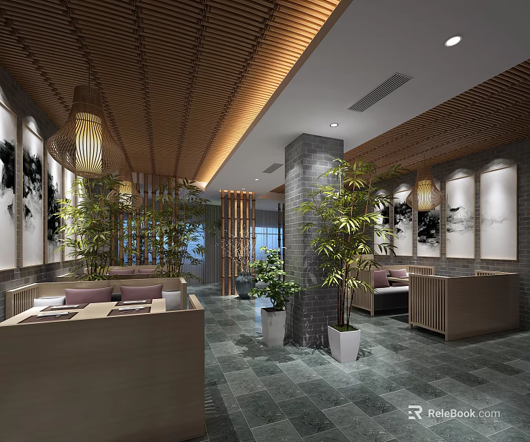 Chinese Style Restaurant Interior With Wooden Ceiling Lanterns And Bamboo Plants 3d model 