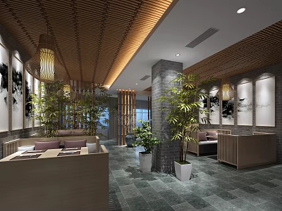 Chinese Style Restaurant Interior With Wooden Ceiling Lanterns And Bamboo Plants 3d model