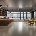 Modern Restaurant Interior With Green Seats Wooden Tables And Pendant Lights