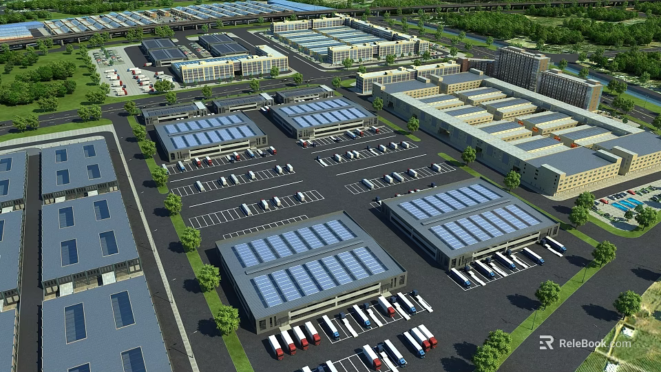 Modern Industrial Factory Buildings With Spacious Parking Lots Vehicles And Green Trees Around 3d model 