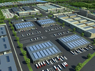 Modern Industrial Factory Buildings With Spacious Parking Lots Vehicles And Green Trees Around 3d model