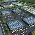 Modern Industrial Factory Buildings With Spacious Parking Lots Vehicles And Green Trees Around