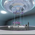 Futuristic Exhibition Space With Suspended Purple Car On Circular Platform And Holographic Car Projections