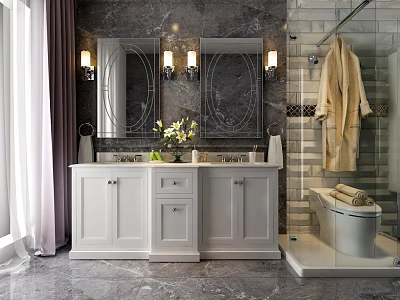 Modern Bathroom Vanity With Double Sink White Cabinet And Marble Wall Mirror 3d model