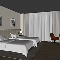 Modern Hotel Room Interior With Twin Beds Large Window Desk Chair TV And Decorative Paintings