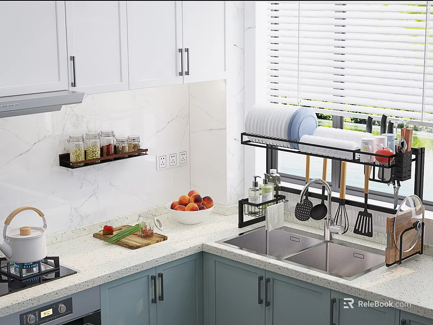Modern Kitchen With Marble Countertop Gas Stove White Cabinets Over Sink Rack And Kitchen Utensils 3d model 