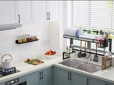 Modern Kitchen With Marble Countertop Gas Stove White Cabinets Over Sink Rack And Kitchen Utensils 3d model