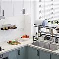 Modern Kitchen With Marble Countertop Gas Stove White Cabinets Over Sink Rack And Kitchen Utensils
