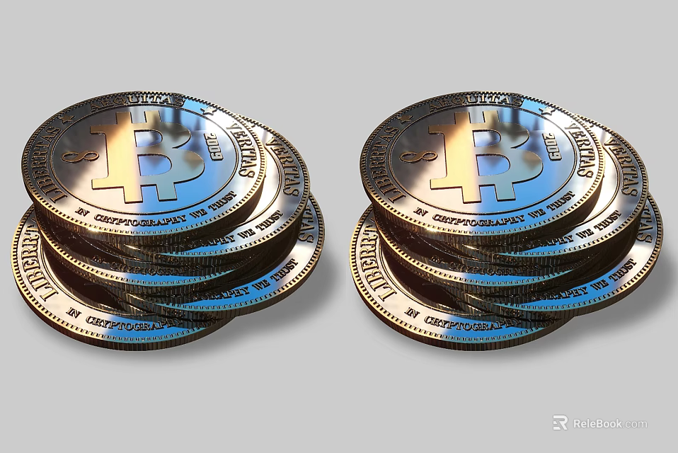 Decorative Ornament Set With Stacked Metallic Bitcoin Coins Shiny Surface And B Logo 3d model 