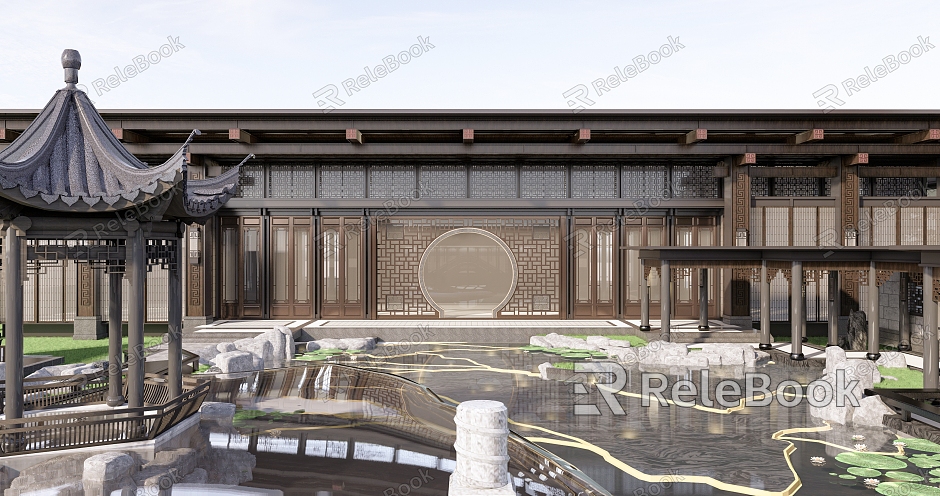 Chinese-style courtyard, classical garden, rockery, stacked water pavilion, corridor, pontoon bridge, lotus pond model