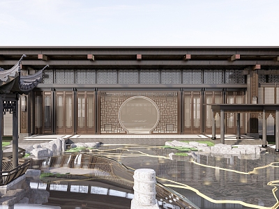 Chinese-style courtyard, classical garden, rockery, stacked water pavilion, corridor, pontoon bridge, lotus pond model