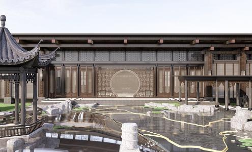 Chinese-style courtyard, classical garden, rockery, stacked water pavilion, corridor, pontoon bridge, lotus pond 3d model