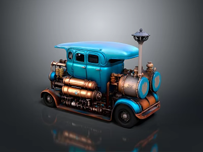 Steampunk Style Blue And Copper Vintage Car Model With Steam Pipes And Retro Design 3d model