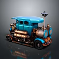 Steampunk Style Blue And Copper Vintage Car Model With Steam Pipes And Retro Design