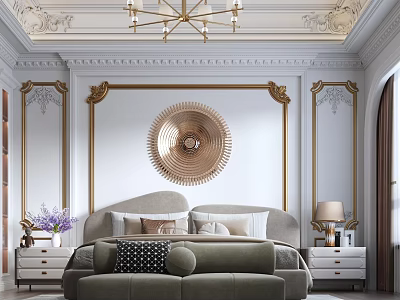 Elegant Bedroom Interior With Ornate Ceiling Gold Trim Circular Metallic Decor And Upholstered Headboard 3d model