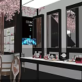 Shopping Mall Hall With COSMOM Booth Cherry Blossom Decorations Tables Chairs And Product Displays