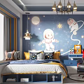 Kids Room With Blue Walls Astronaut Murals Stars Moons Bed Desk Gaming Chair And Chandelier