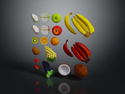 Assorted Fresh Fruits Like Apples Bananas Strawberries Grapes And Coconut Floating In Air 3d model