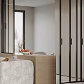 Modern Tatami Bedroom Interior With Tatami Bed Window Curtains And Storage Cabinets