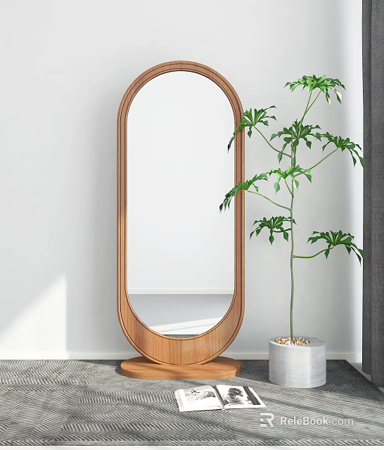 Oval Wooden Frame Floor Mirror With Green Plant In White Pot Modern Interior 3d model 