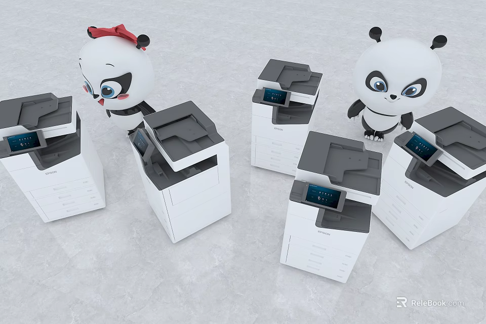 Adorable Panda Themed Modern Office Appliances Display With Multiple Multifunction Devices 3d model 