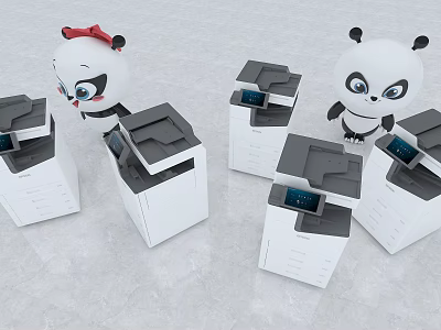 Adorable Panda Themed Modern Office Appliances Display With Multiple Multifunction Devices 3d model