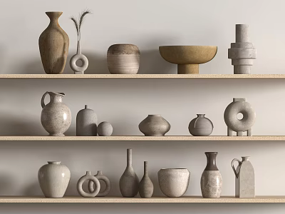 Ceramic Vessels With Various Shapes Display On Wooden Shelves In Neutral Tones 3d model