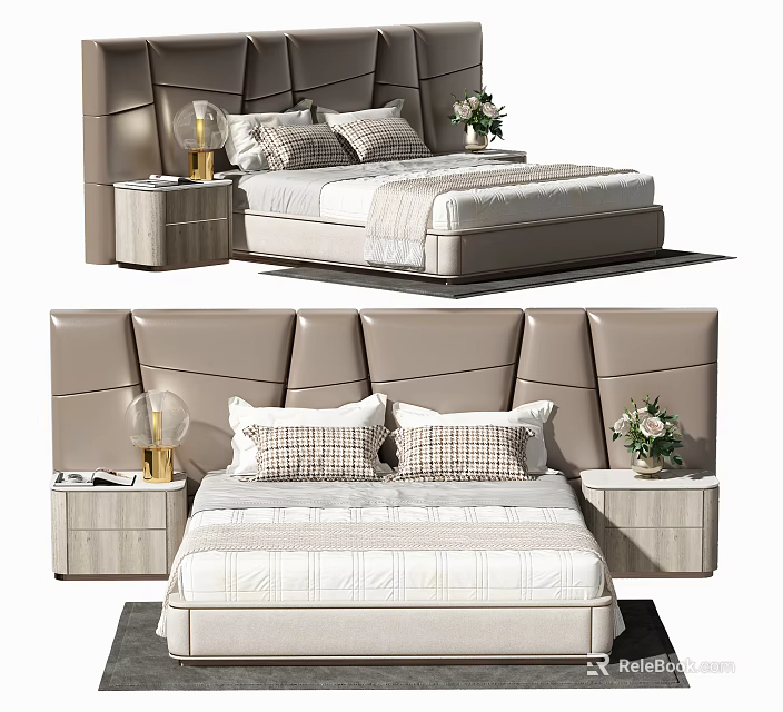 Modern Double Bed with Leather Headboard Nightstands Table Lamps and Pillows 3d model