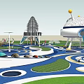 Colorful Amusement Equipment Design With Spiral Paths Circular Platforms And Blue Water Features