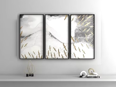 Three Panel Wall Art With Mountain Patterns Golden Birds And Black Frames On White Wall 3d model