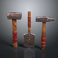 Three Ancient Weapons With Wooden Handles Shovel Shaped Metal Heads And Red Wraps